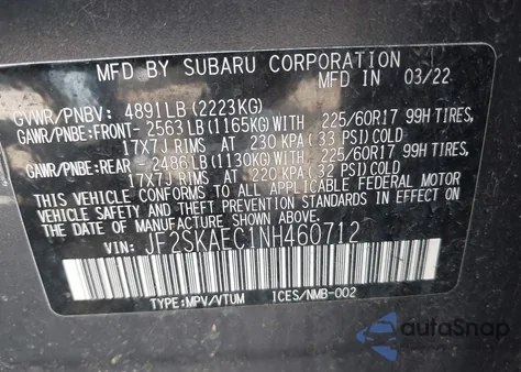 2022 Subaru Forester Premium from USA, damaged, VIN JF2SKAEC1NH460712